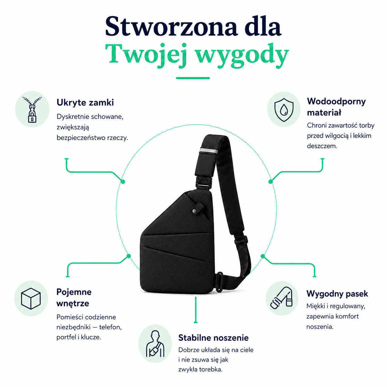 Torvenn+ funkcjonalna czarna torba na ramię z ukrytymi zamkami